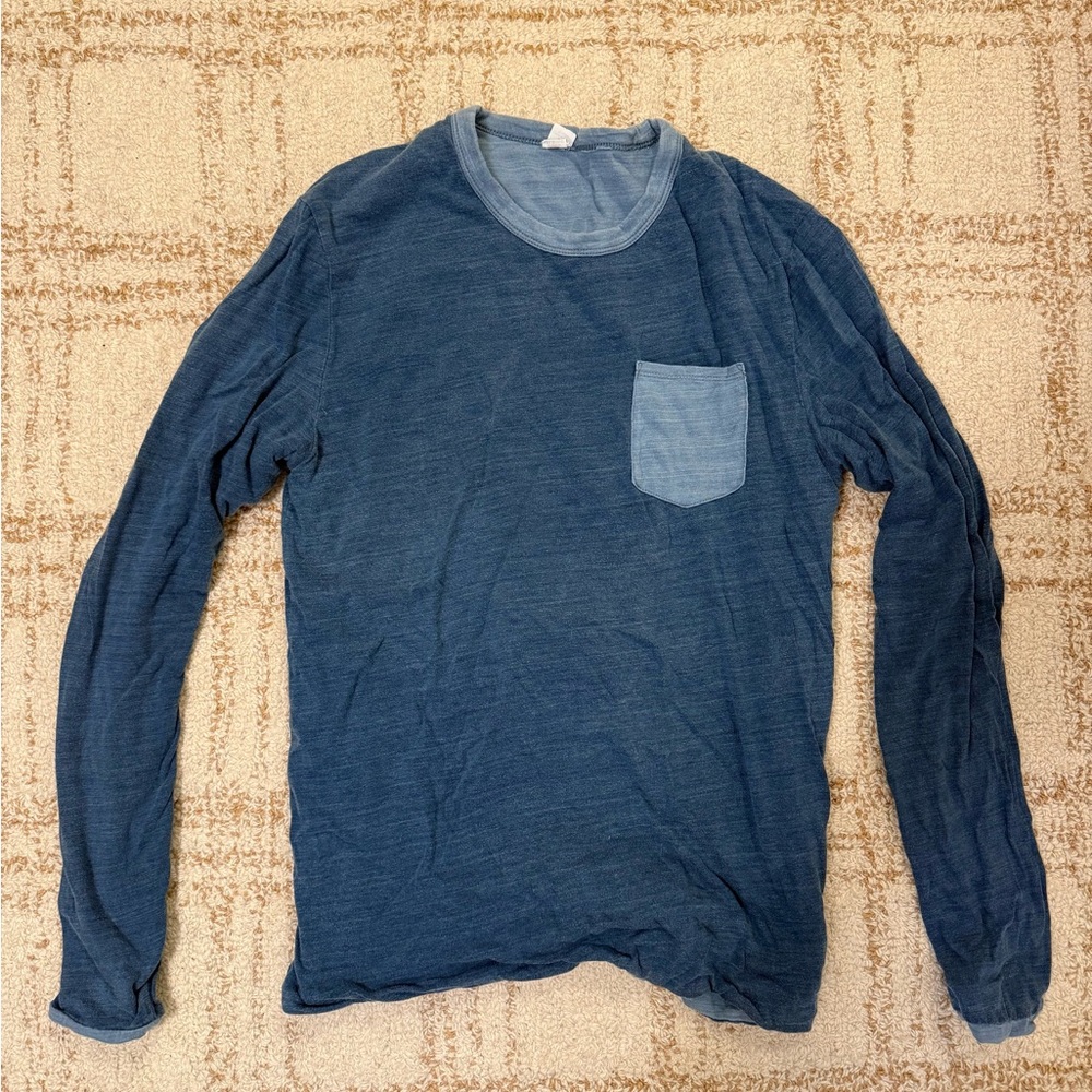 Marine Layer Long Sleeve Indigo Crew with Light Indigo Pocket